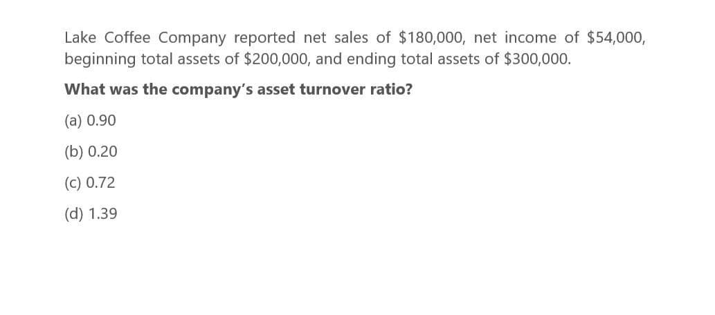 Lake Coffee Company reported net sales of $180,000, net income of $54,000,
beginning total assets of $200,000, and ending total assets of $300,000.
What was the company's asset turnover ratio?
(a) 0.90
(b) 0.20
(c) 0.72
(d) 1.39