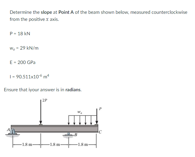 Determine the slope at Point A of the beam shown below, measured counterclockwise
from the positive x axis.
P = 18 kN
Wo = 29 kN/m
E = 200 GPa
I-90.511x106 m²
Ensure that iyour answer is in radians.
2P
-B
-1.8 m-
-1.8 m-
-1.8 m-