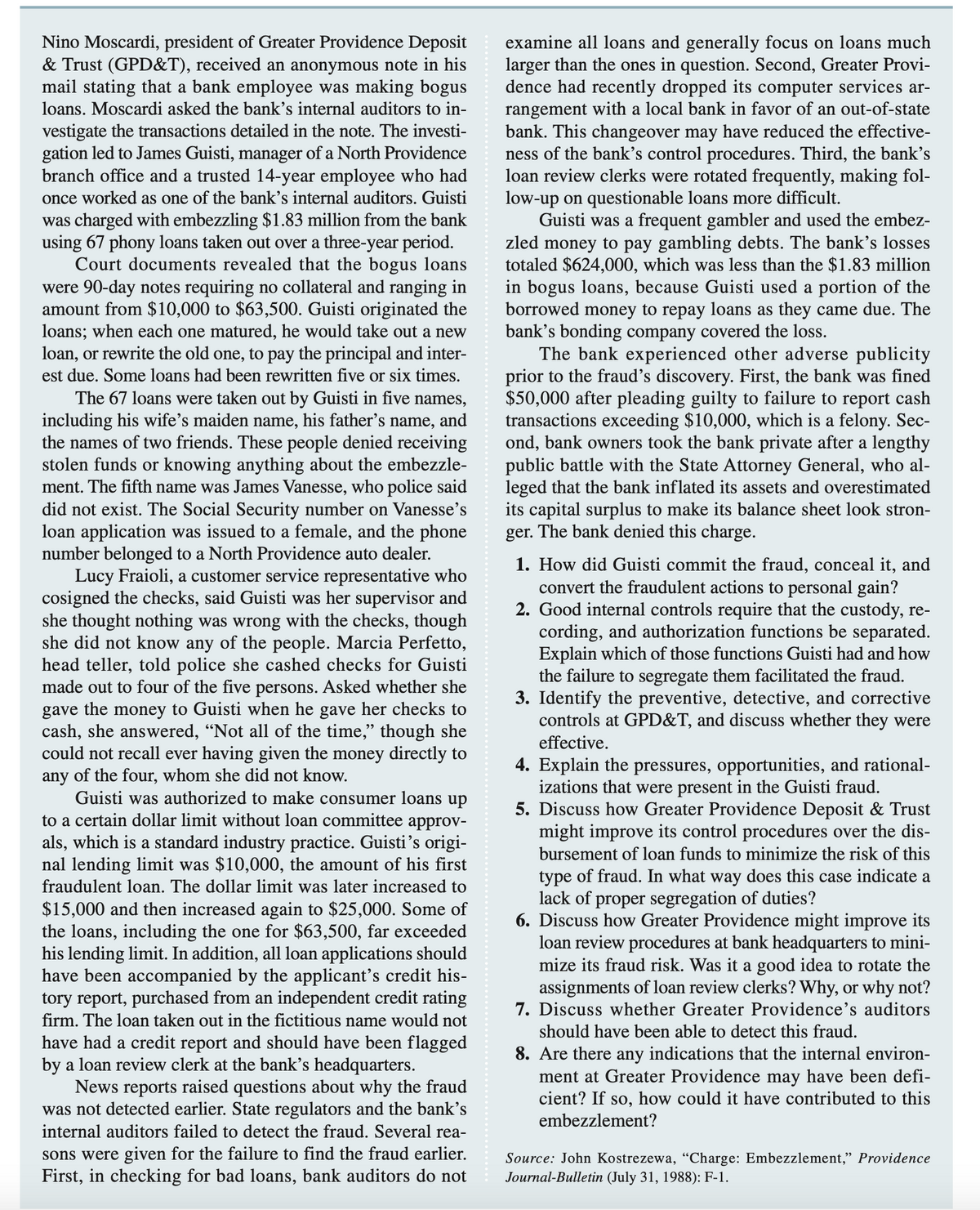 Nino Moscardi, president of Greater Providence Deposit
& Trust (GPD&T), received an anonymous note in his
mail stating that a bank employee was making bogus
loans. Moscardi asked the bank's internal auditors to in-
vestigate the transactions detailed in the note. The investi-
gation led to James Guisti, manager of a North Providence
branch office and a trusted 14-year employee who had
examine all loans and generally focus on loans much
larger than the ones in question. Second, Greater Provi-
dence had recently dropped its computer services ar-
rangement with a local bank in favor of an out-of-state
bank. This changeover may have reduced the effective-
ness of the bank's control procedures. Third, the bank's
loan review clerks were rotated frequently, making fol-
low-up on questionable loans more difficult.
Guisti was a frequent gambler and used the embez-
zled money to pay gambling debts. The bank's losses
totaled $624,000, which was less than the $1.83 million
in bogus loans, because Guisti used a portion of the
borrowed money to repay loans as they came due. The
bank's bonding company covered the loss.
The bank experienced other adverse publicity
prior to the fraud's discovery. First, the bank was fined
$50,000 after pleading guilty to failure to report cash
transactions exceeding $10,000, which is a felony. Sec-
ond, bank owners took the bank private after a lengthy
public battle with the State Attorney General, who al-
leged that the bank inflated its assets and overestimated
its capital surplus to make its balance sheet look stron-
ger. The bank denied this charge.
once worked as one of the bank's internal auditors. Guisti
was charged with embezzling $1.83 million from the bank
using 67 phony loans taken out over a three-year period.
Court documents revealed that the bogus loans
were 90-day notes requiring no collateral and ranging in
amount from $10,000 to $63,500. Guisti originated the
loans; when each one matured, he would take out a new
loan, or rewrite the old one, to pay the principal and inter-
est due. Some loans had been rewritten five or six times.
The 67 loans were taken out by Guisti in five names,
including his wife's maiden name, his father's name, and
the names of two friends. These people denied receiving
stolen funds or knowing anything about the embezzle-
ment. The fifth name was James Vanesse, who police said
did not exist. The Social Security number on Vanesse's
loan application was issued to a female, and the phone
number belonged to a North Providence auto dealer.
Lucy Fraioli, a customer service representative who
cosigned the checks, said Guisti was her supervisor and
she thought nothing was wrong with the checks, though
she did not know any of the people. Marcia Perfetto,
head teller, told police she cashed checks for Guisti
made out to four of the five persons. Asked whether she
gave the money to Guisti when he gave her checks to
cash, she answered, “Not all of the time," though she
could not recall ever having given the money directly to
any of the four, whom she did not know.
Guisti was authorized to make consumer loans up
to a certain dollar limit without loan committee approv-
als, which is a standard industry practice. Guisti's origi-
nal lending limit was $10,000, the amount of his first
1. How did Guisti commit the fraud, conceal it, and
convert the fraudulent actions to personal gain?
2. Good internal controls require that the custody, re-
cording, and authorization functions be separated.
Explain which of those functions Guisti had and how
the failure to segregate them facilitated the fraud.
3. Identify the preventive, detective, and corrective
controls at GPD&T, and discuss whether they were
effective.
4. Explain the pressures, opportunities, and rational-
izations that were
sent in the Guisti fraud.
5. Discuss how Greater Providence Deposit & Trust
might improve its control procedures over the dis-
bursement of loan funds to minimize the risk of this
type of fraud. In what way does this case indicate a
lack of proper segregation of duties?
6. Discuss how Greater Providence might improve its
loan review procedures at bank headquarters to mini-
mize its fraud risk. Was it a good idea to rotate the
assignments of loan review clerks? Why, or why not?
7. Discuss whether Greater Providence's auditors
fraudulent loan. The dollar limit was later increased to
$15,000 and then increased again to $25,000. Some of
the loans, including the one for $63,500, far exceeded
his lending limit. In addition, all loan applications should
have been accompanied by the applicant's credit his-
tory report, purchased from an independent credit rating
firm. The loan taken out in the fictitious name would not
should have been able to detect this fraud.
have had a credit report and should have been flagged
by a loan review clerk at the bank's headquarters.
News reports raised questions about why the fraud
was not detected earlier. State regulators and the bank's
8. Are there any indications that the internal environ-
ment at Greater Providence may have been defi-
cient? If so, how could it have contributed to this
embezzlement?
internal auditors failed to detect the fraud. Several rea-
sons were given for the failure to find the fraud earlier.
First, in checking for bad loans, bank auditors do not
Source: John Kostrezewa, "Charge: Embezzlement," Providence
Journal-Bulletin (July 31, 1988): F-1.
