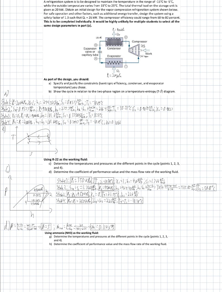 P
T
4
S
4south
21.55°2
4 350k
-hi-hs-401-226
A refrigeration system is to be designed to maintain the temperature in the range of -15°C to -5°C,
while the outside temperature varies from 15°C to 25°C. The total thermal load on the storage unit is
given as 20 kW. Obtain an initial design for the vapor compression refrigeration system shown below.
For safe operation and other factors, such as additional energy transfer, design the system using a
safety factor of 1.3 such that Q₁ = 26 kW. The compressor efficiency could range from 60 to 80 percent.
This is to be completed individually. It would be highly unlikely for multiple students to select all the
same design parameters in part (a).
935.85-401
Expansion
valve or
capillary tube
0-
As part of the design, you should:
a)
W
Stale (: R=200kPa, X=/; h₁ = 244,5/221; S₁ = 0.9377 * ; T₁ = -10.09°C
State 2: 525² 0.9327 % +1²; P = 900 ppa, h₂ = 275,7%; ha= hit hive = 266. 41/29, T₁ = 35-51°C 15₂ = 0.90 251 252 24,5 X ₂ = 0.9822
State 3: X₂ = 0; P₁ = P₂ = 900kPa ; hs = 101.6 55; 53= 6.37381-27; T3 = 35.51°2
Stute 41 P4 = V₁ = 2014/1² i hy=h3 = 101.6157/13, S4 = 0.39412 41; Ty = -10.09° C; X4=0.3066
h)
4011
Condenser
Evaporator
wwww
Q
Pi=200 ква
Compressor
70%
Work
I sat vayr
Specify and justify the constraints (isentropic efficiency, condenser, and evaporator
temperature) you chose.
b) Show the cycle in relation to the two-phase region on a temperature-entropy (T-S) diagram.
Que
¬B=5; Must have you -2267m ²0-1143423
Using R-22 as the working fluid:
c) Determine the temperatures and pressures at the different points in the cycle (points 1, 2, 3,
and 4).
d)
Determine the coefficient of performance value and the mass flow rate of the working fluid.
State 1: P₁ = 350 kPa = 10.38²4; X₁²); h₁ = 40145 ; Si=1.78*4
State 2: 528 = 5,= 1.76614₁1₂=950km; h₂=425.401, h₂th, the 40)+ 425-40-401 - 435.85 105 12₂= 50.11 °C
#2 Stall: 13 = 1/2=450 kP; X₂ = 0; 13 = 21.55°4₁ 2₁ = 226 1²5
State 4: My=11₁ = 350knihy=h₂=226; 14=t₁ = -10,38°2
Using ammonia (NH3) as the working fluid:
g) Determine the temperatures and pressures at the different points in the cycle (points 1, 2, 3,
and 4).
h) Determine the coefficient of performance value and the mass flow rate of the working fluid.