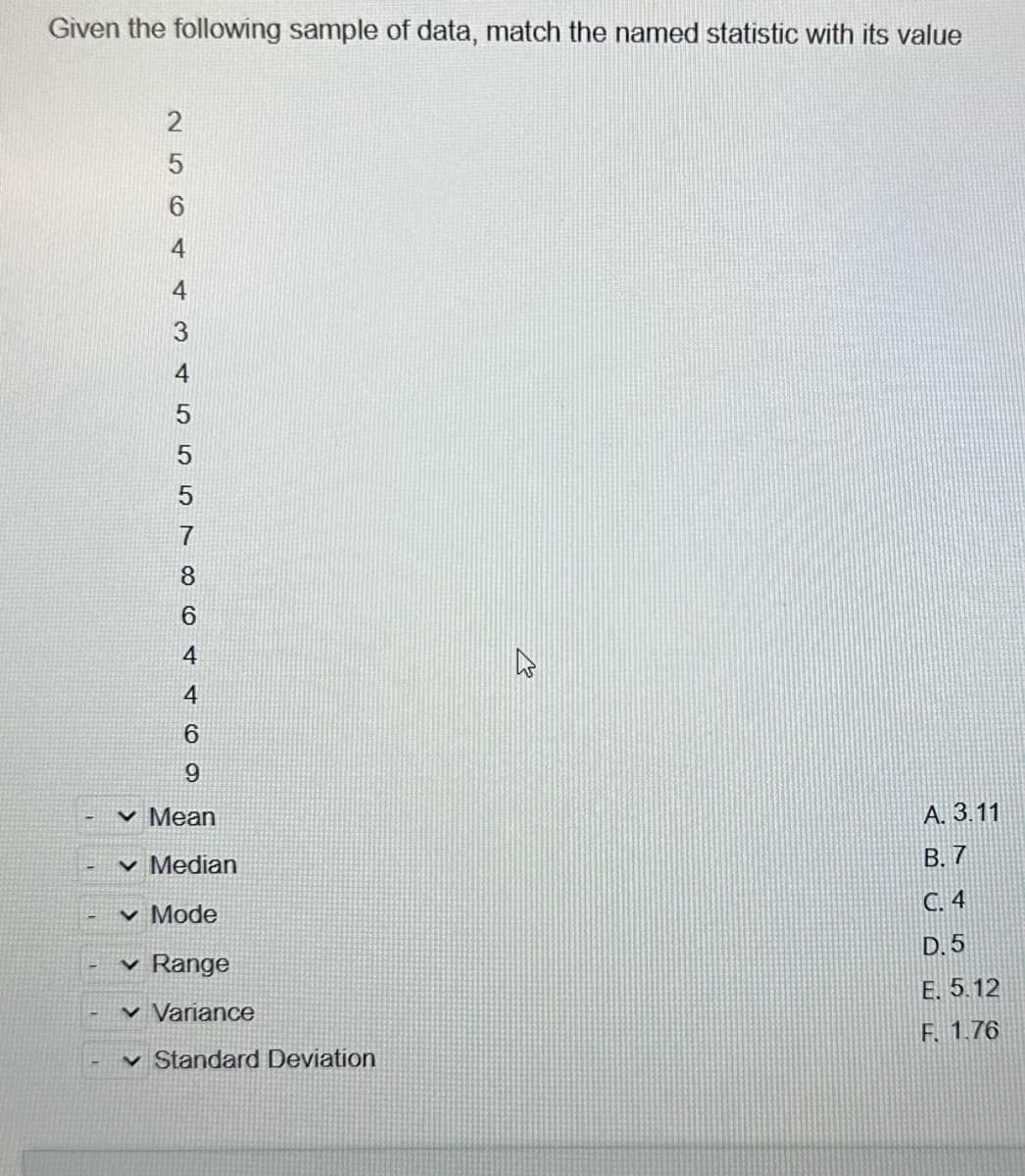 Given the following sample of data, match the named statistic with its value
2
5
6
4
4
3
4
5
5
5
7
8
6
4
4
6
9
✓ Mean
✓ Median
✓ Mode
✓ Range
✓ Variance
✓ Standard Deviation
2
A. 3.11
B. 7
C. 4
D. 5
E. 5.12
F.
1.76