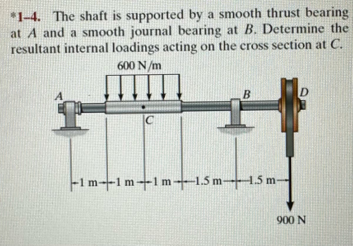 *1-4. The shaft is supported by a smooth thrust bearing
at A and a smooth journal bearing at B. Determine the
resultant internal loadings acting on the cross section at C.
600 N/m
C
B
-1m-1m-1m-1.5 m-1.5 m--
900 N