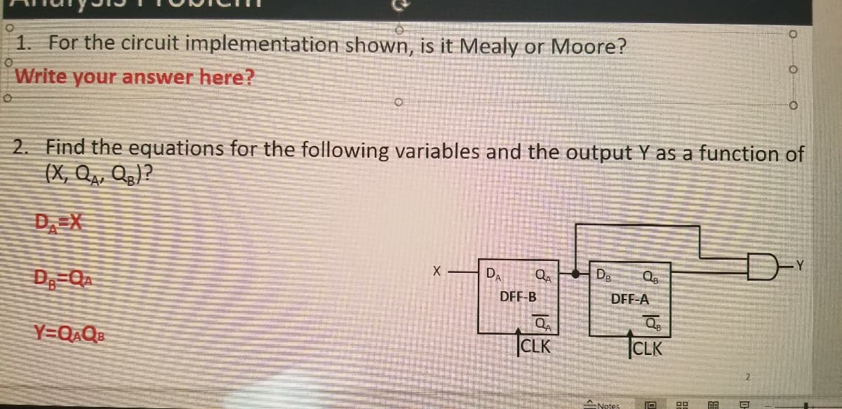 1. For the circuit implementation shown, is it Mealy or Moore?
Write your answer here?
2. Find the equations for the following variables and the output Y as a function of
(X, Q, Qg)?
DA
Dg
DEF-B
DFF-A
Y=QAQB
CLK
CLK
A Notes
