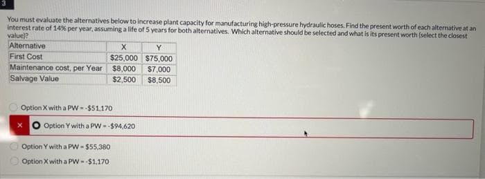 You must evaluate the alternatives below to increase plant capacity for manufacturing high-pressure hydraulic hoses. Find the present worth of each alternative at an
interest rate of 14% per year, assuming a life of 5 years for both alternatives. Which alternative should be selected and what is its present worth (select the closest
value)?
Alternative
First Cost
Maintenance cost, per Year
Salvage Value
X
Y
$25,000 $75,000
$8,000 $7,000
$2,500
$8,500
Option X with a PW --$51.170
O Option Y with a PW --$94,620
Option Y with a PW = $55,380
Option X with a PW --$1,170