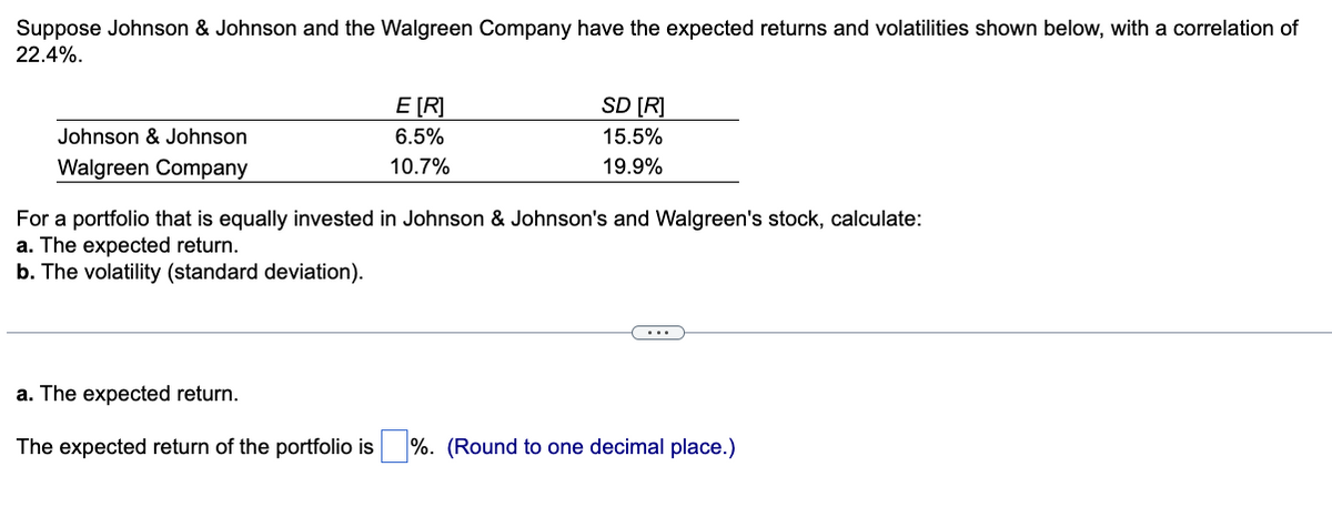 Suppose Johnson & Johnson and the Walgreen Company have the expected returns and volatilities shown below, with a correlation of
22.4%.
Johnson & Johnson
Walgreen Company
E [R]
6.5%
10.7%
SD [R]
15.5%
19.9%
For a portfolio that is equally invested in Johnson & Johnson's and Walgreen's stock, calculate:
a. The expected return.
b. The volatility (standard deviation).
a. The expected return.
The expected return of the portfolio is %. (Round to one decimal place.)