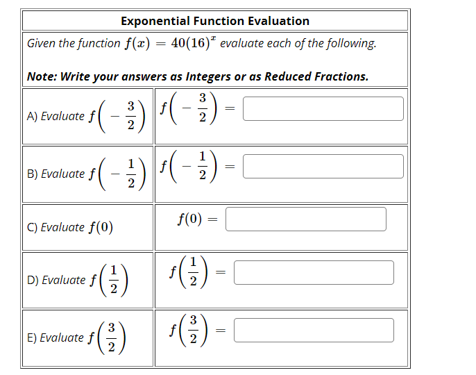 Exponential Function Evaluation
Given the function f(x) = 40(16)* evaluate each of the following.
Note: Write your answers as Integers or as Reduced Fractions.
3
3
-
A) Evaluate f
2
( -)(-) -
f
=
B) Evaluate f
2
2
f(0)
C) Evaluate f(0)
(€)
(4) - [
D) Evaluate f
2
'(금)-(
3
()
=
E) Evaluate f
2
2
