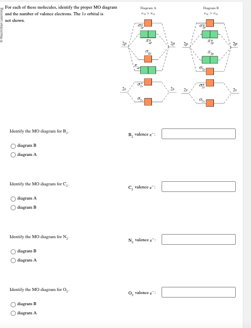 For each of these molecules, identify the proper MO diagram
and the number of valence electrons. The Is orbital is
not shown.
Identify the MO diagram for B₂.
diagram B
diagram A
Identify the MO diagram for C₂.
diagram A
diagram B
Identify the MO diagram for N₂.
diagram B
O diagram A
Identify the MO diagram for O₂.
diagram B
O diagram A
B₂
Diagram A
of
%%%
valence e
C₂ valence e
N₂ valence :
O, valence :
Diagram
=> 02
o
Sy
2p
I