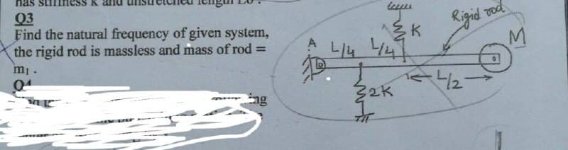 nas
03
Find the natural frequency of given system,
the rigid rod is massless and mass of rod =
m₁.
04
ng
^{K
A 4/4 4/47
32K
규
Rigid you
-42-
M