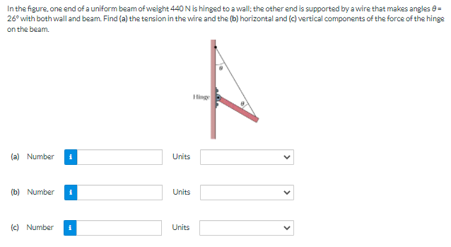 Inthe figure, one end of a uniform beam of weight 440 N is hinged to a wall; the other end is supported by a wire that makes angles 8=
26° with both wall and beam. Find (a) the tension in the wire and the (b) horizontal and (c) vertical components of the force of the hinge
on the beam.
Hinge
(a) Number
Units
(b) Number
Units
(c) Number
Units
