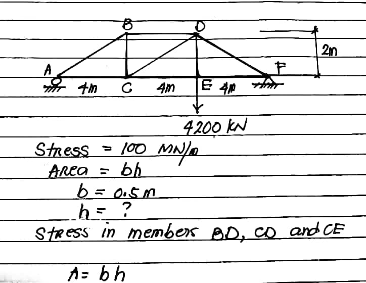 tm
C 4m
E 4P
4200 kN
Stress - 100 MN
ARCA = bh
%3=
= 0.5M
StRess in members AD, co and CE
A= bh
