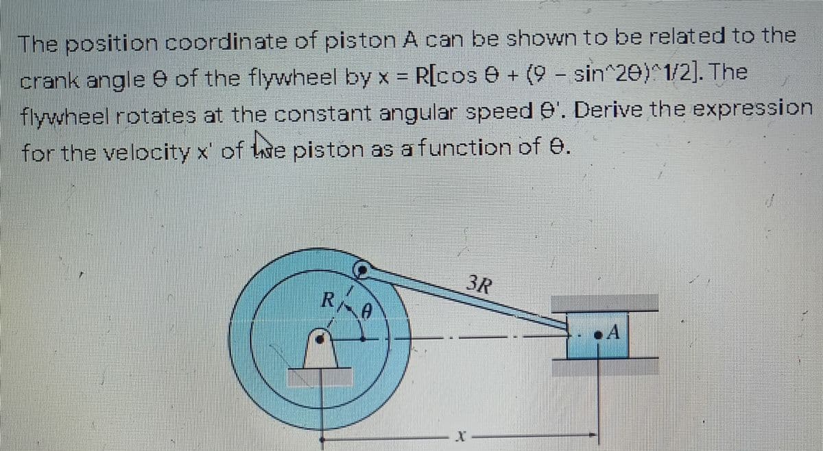 The position coordinate of piston A can be shown to be related to the
crank angle 0 of the flywheel by x = R[cos e + (9 – sin^20)^1/2]. The
flywheel rotates at the constant angular speed 0'. Derive the expression
for the velocity x' of twe piston as a function of e.
3R
R A
