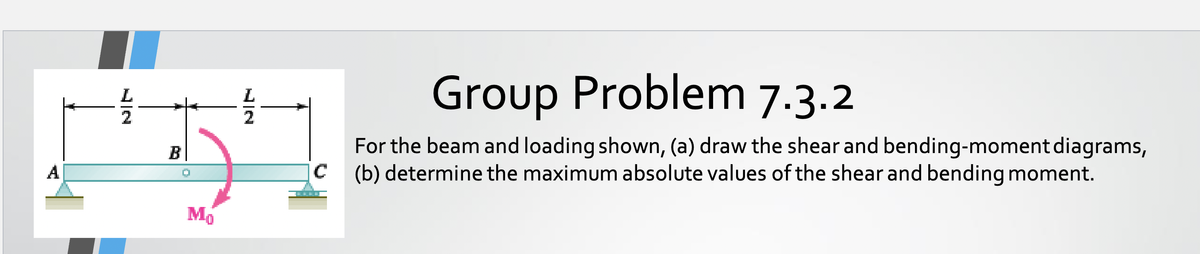 B
Mo
L
C
Group Problem 7.3.2
For the beam and loading shown, (a) draw the shear and bending-moment diagrams,
(b) determine the maximum absolute values of the shear and bending moment.