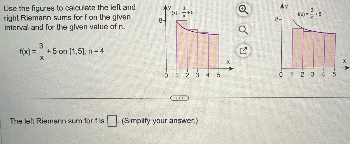 Use the figures to calculate the left and
right Riemann sums for f on the given
interval and for the given value of n.
3
f(x)= - +5 on [1,5]; n = 4
X
The left Riemann sum for f is
Ay
8-
3
f(x) = - +5
0 1 2 3 4
(Simplify your answer.)
5
X
AY
8-
0 1
3
f(x) = - +5
X
2 3 4 5
X