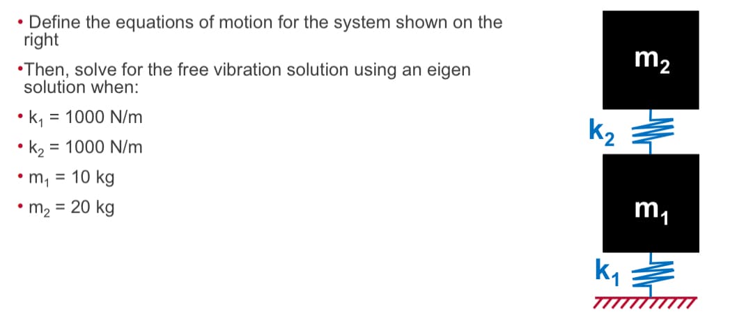 •
Define the equations of motion for the system shown on the
right
•Then, solve for the free vibration solution using an eigen
solution when:
m2
• k₁ = 1000 N/m
• k₂ =
= 1000 N/m
•
= 10 kg
K2
⚫ m2
= 20 kg
k₁
m₁