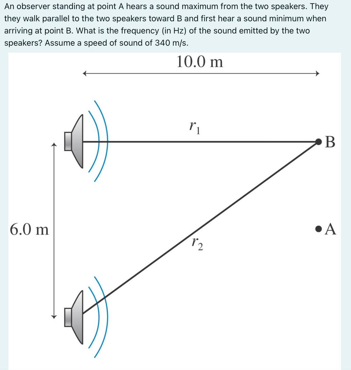 An observer standing at point A hears a sound maximum from the two speakers. They
they walk parallel to the two speakers toward B and first hear a sound minimum when
arriving at point B. What is the frequency (in Hz) of the sound emitted by the two
speakers? Assume a speed of sound of 340 m/s.
10.0 m
6.0 m
r₁
r
لانا
B
•A
