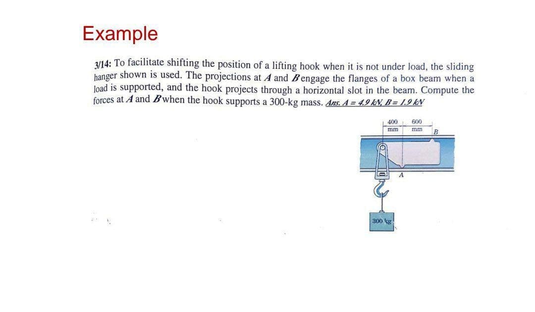 Example
314: To facilitate shifting the position of a lifting hook when it is not under load, the sliding
hanger shown is used. The projections at A and Bengage the flanges of a box beam when a
Joad is supported, and the hook projects through a horizontal slot in the beam. Compute the
forces at A and Bwhen the hook supports a 300-kg mass. Ans. A = 4.9 kN, B= 1,9 kN
400
600
mm
mm
A
300 ५४
