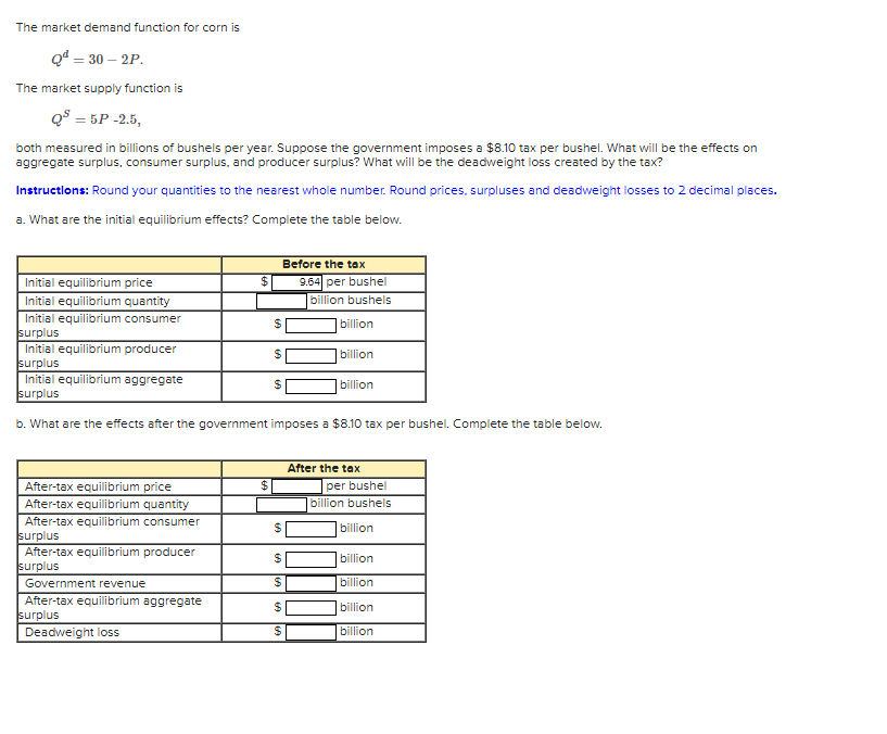 The market demand function for corn is
Q¹ = 30 - 2P.
The market supply function is
Q = 5P-2.5,
both measured in billions of bushels per year. Suppose the government imposes a $8.10 tax per bushel. What will be the effects on
aggregate surplus, consumer surplus, and producer surplus? What will be the deadweight loss created by the tax?
Instructions: Round your quantities to the nearest whole number. Round prices, surpluses and deadweight losses to 2 decimal places.
a. What are the initial equilibrium effects? Complete the table below.
Initial equilibrium price
Initial equilibrium quantity
Initial equilibrium consumer
surplus
Initial equilibrium producer
surplus
After-tax equilibrium price
After-tax equilibrium quantity
After-tax equilibrium consumer
surplus
After-tax equilibrium producer
surplus
$
Government revenue
After-tax equilibrium aggregate
surplus
Deadweight loss
$
Initial equilibrium aggregate
surplus
b. What are the effects after the government imposes a $8.10 tax per bushel. Complete the table below.
10
Before the tax
(0
9.64 per bushel
billion bushels
$
$
$
billion
billion
billion
After the tax
per bushel
billion bushels
billion
billion
billion
billion
billion