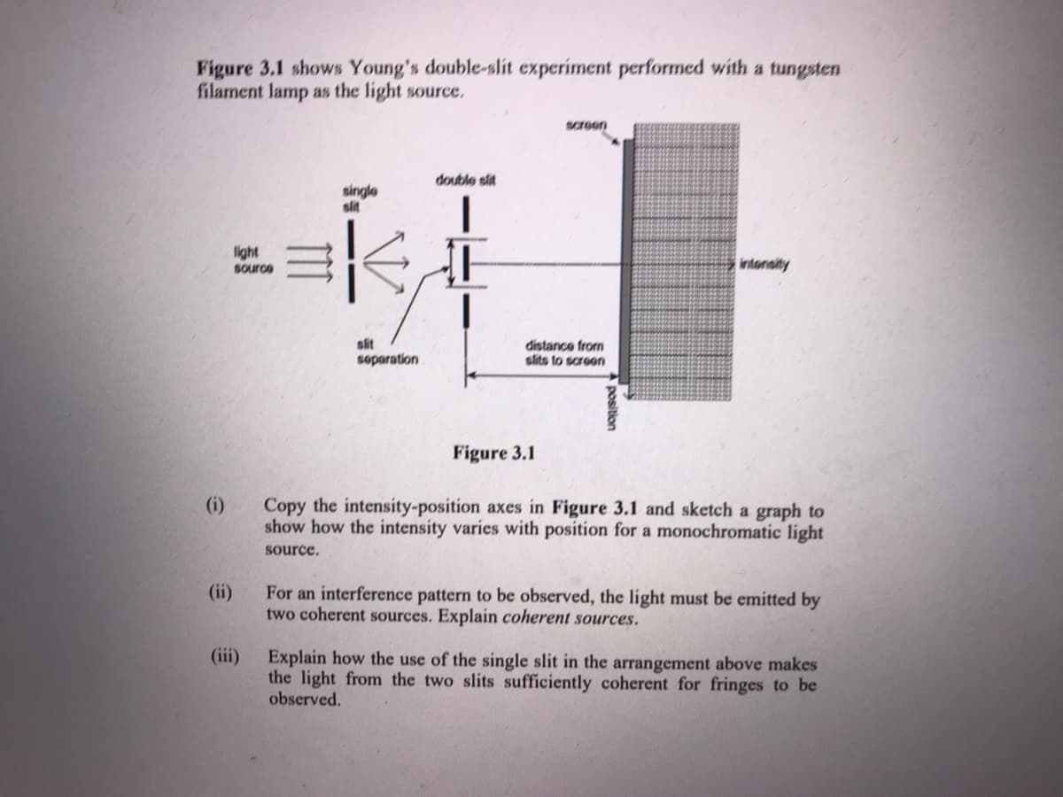 Figure 3.1 shows Young's double-slit experiment performed with a tungsten
filament lamp as the light source.
screen
double sit
single
sit
light
Source
intonsity
slit
soparation
distance from
slits to screon
Figure 3.1
(i)
Copy the intensity-position axes in Figure 3.1 and sketch a graph to
show how the intensity varies with position for a monochromatic light
source.
(ii)
For an interference pattern to be observed, the light must be emitted by
two coherent sources. Explain coherent sources.
(iii)
Explain how the use of the single slit in the arrangement above makes
the light from the two slits sufficiently coherent for fringes to be
observed.
