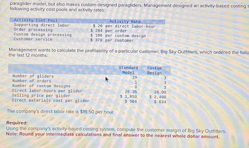 paraglider model, but also makes custom-designed paragliders. Management designed an activity-based costing s
following activity cost pools and activity rates:
Activity Cost Pool
Supporting direct labor
Order processing
Custom design processing
Customer service
Activity Rate
$ 26 per direct labor-hour
$ 284 per order
$ 186 per custom design
$ 379 per customer
Management wants to calculate the profitability of a particular customer, Big Sky Outfitters, which ordered the follo
the last 12 months:
Number of gliders
Number of orders
Number of custom designs
Direct labor-hours per glider
Selling price per glider
Direct materials cost per glider
Standard
Custom
Model
Design
20
3
1
3.
0
3
26.35
28.00
$ 1,850
$ 564
$ 2,400
$ 634
The company's direct labor rate is $19.50 per hour.
Required:
Using the company's activity-based costing system, compute the customer margin of Big Sky Outfitters.
Note: Round your intermediate calculations and final answer to the nearest whole dollar amount.