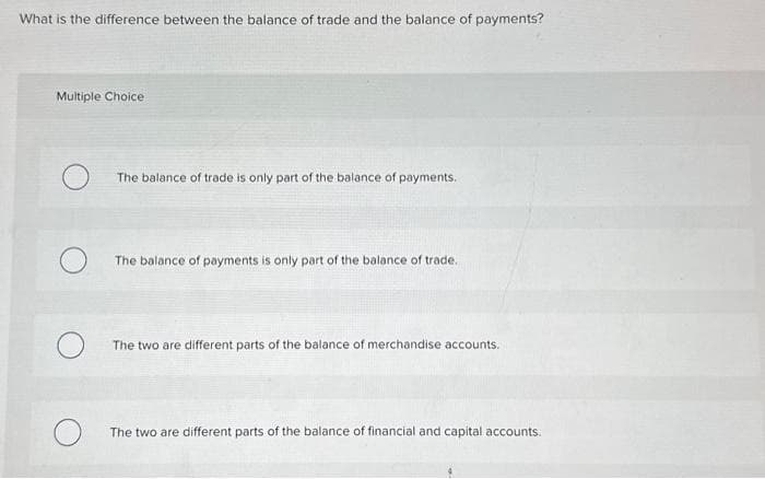 What is the difference between the balance of trade and the balance of payments?
Multiple Choice
O
The balance of trade is only part of the balance of payments.
The balance of payments is only part of the balance of trade.
The two are different parts of the balance of merchandise accounts.
The two are different parts of the balance of financial and capital accounts.