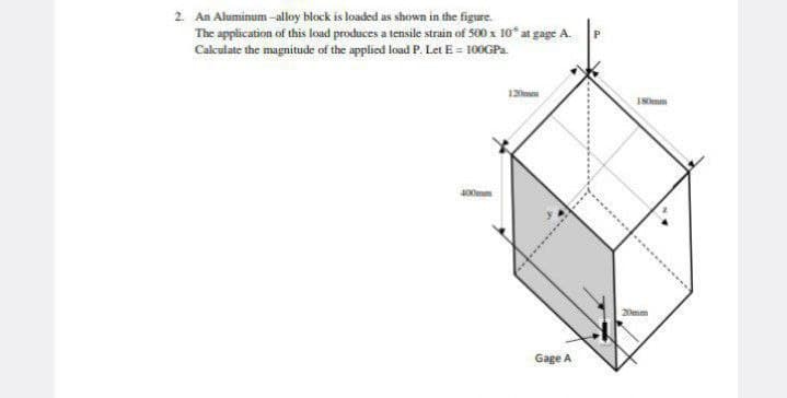 2. An Aluminum-alloy block is loaded as shown in the figure.
The application of this load produces a tensile strain of 500 x 10 at gage A.
Calculate the magnitude of the applied load P. Let E = 100GPa
400mm
120
Gage A
P
20mm