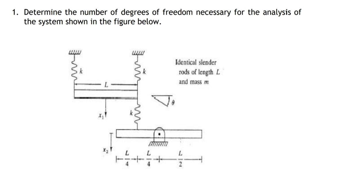 1. Determine the number of degrees of freedom necessary for the analysis of
the system shown in the figure below.
Identical slender
rods of length L
and mass m
4.
