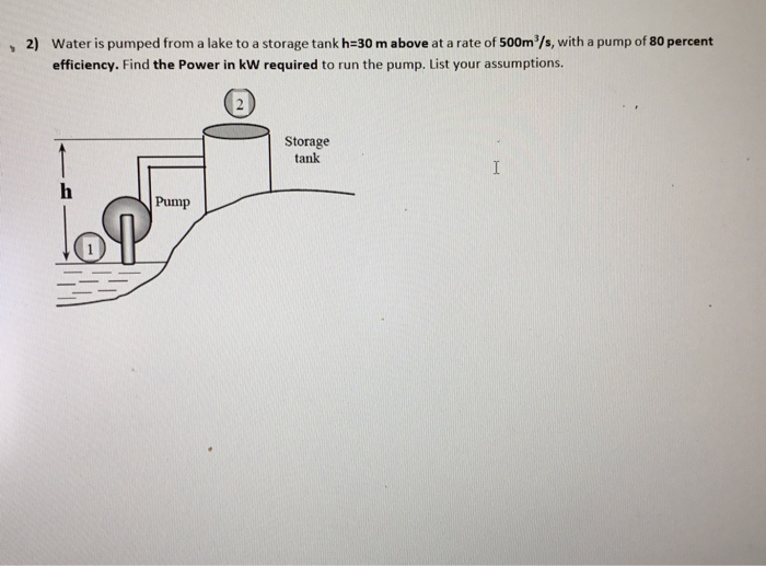 2) Water is pumped from a lake to a storage tank h=30 m above at a rate of 500m³/s, with a pump of 80 percent
efficiency. Find the Power in kW required to run the pump. List your assumptions.
Top
Pump
Storage
tank
I