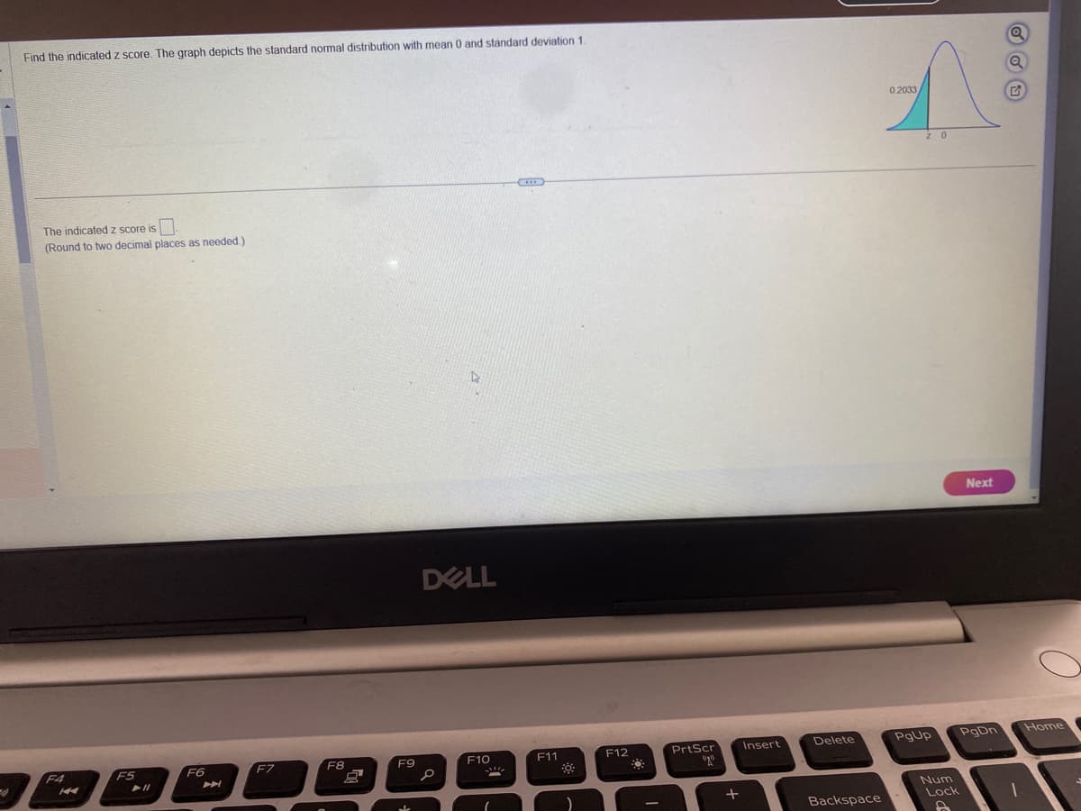 Find the indicated z score. The graph depicts the standard normal distribution with mean 0 and standard deviation 1.
The indicated z score is
(Round to two decimal places as needed.)
F4
F5
F6
PP
F7
F8
F9
DELL
O
F10
F11
F12
Q
PrtScr
+
Insert
Delete
Backspace
0.2033
20
PgUp
Num
Lock
2
Next
PgDn
1
Home