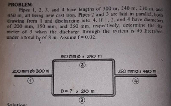 PROBLEM:
Pipes 1, 2, 3, and 4 have lengths of 300 m, 240 m, 210 m, and
450 m, all being new cast iron. Pipes 2 and 3 are laid in parallel, both
drawing from I and discharging into 4. If 1, 2, and 4 have diameters
of 200 mm, 150 mm, and 250 mm, respectively, determine the dia-
meter of 3 when the discharge through the system is 45 Jiters/séc.
under a total he of 8 m. Assume f = 0.02.
150 mmø , 240 m
2
200 mmø 30o m
250 mmøs 45o m
4
D= ? , 210 m
(3
Solution:
