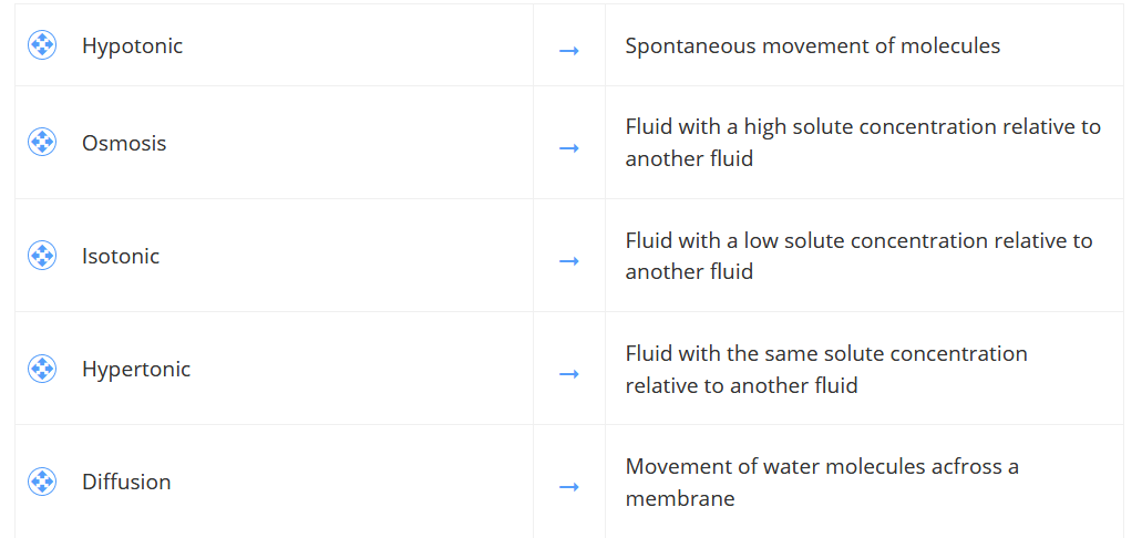 Нуpotonic
Spontaneous movement of molecules
Fluid with a high solute concentration relative to
Osmosis
another fluid
Fluid with a low solute concentration relative to
Isotonic
another fluid
Fluid with the same solute concentration
Нуpertonic
relative to another fluid
Movement of water molecules acfross a
Diffusion
membrane
