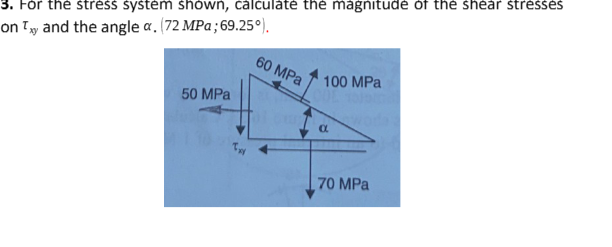 3. For the stress system shown, calculate the magnitude of the shear stresses
on Ty and the angle a. (72 MPa; 69.25°).
60 MPa
100 MPa
50 MPa
α
70 MPa