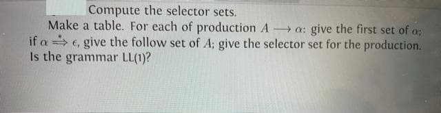 Compute the selector sets.
Make a table. For each of production A a: give the first set of o;
if a e, give the follow set of A; give the selector set for the production.
Is the grammar LL(1)?
