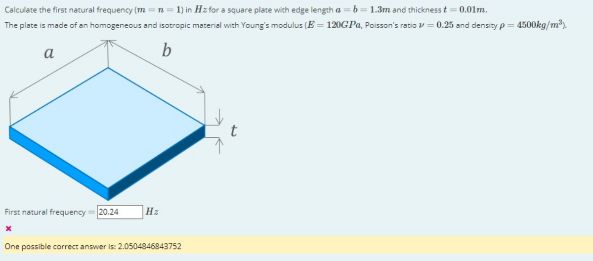 Calculate the first natural frequency (m= n = 1) in Hz for a square plate with edge length a = b = 1.3m and thickness t = 0.01m.
The plate is made of an homogeneous and isotropic material with Young's modulus (E = 120GPa, Poisson's ratio = 0.25 and density p= 4500kg/m³).
b
a
First natural frequency = 20.24
X
Hz
One possible correct answer is: 2.0504846843752
t