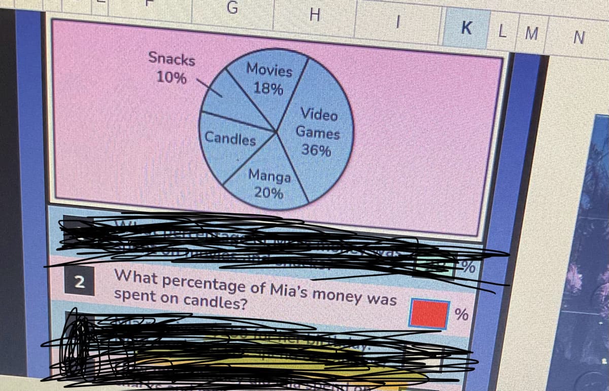 S
G
H
K
LM
N
Snacks
10%
Movies
18%
Candles
Video
Games
36%
Manga
20%
%
2
What percentage of Mia's money was
spent on candles?
%