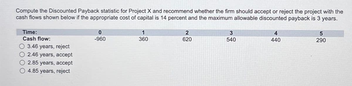 Compute the Discounted Payback statistic for Project X and recommend whether the firm should accept or reject the project with the
cash flows shown below if the appropriate cost of capital is 14 percent and the maximum allowable discounted payback is 3 years.
Time:
Cash flow:
3.46 years, reject
2.46 years, accept
O2.85 years, accept
O 4.85 years, reject
0
-960
1
360
2
620
3
4
540
440
5
290
