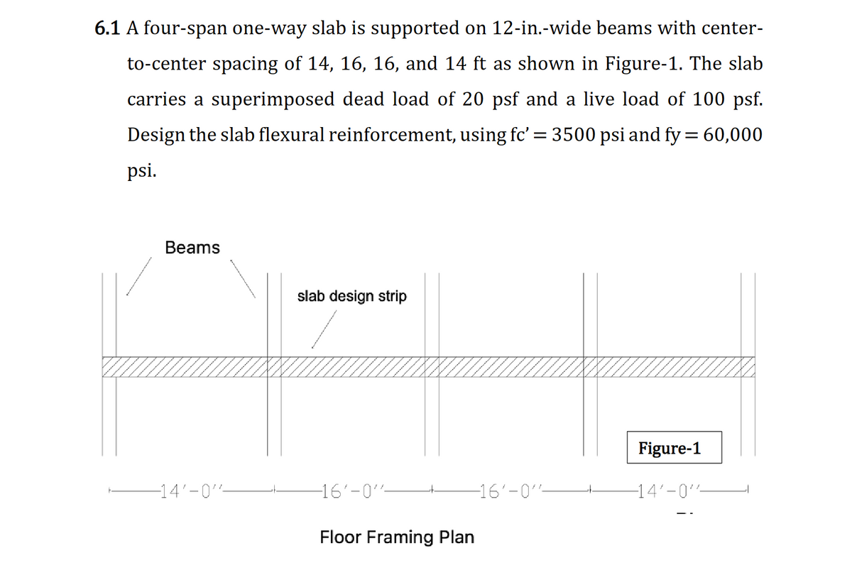 6.1 A four-span one-way slab is supported on 12-in.-wide beams with center-
to-center spacing of 14, 16, 16, and 14 ft as shown in Figure-1. The slab
carries a superimposed dead load of 20 psf and a live load of 100 psf.
Design the slab flexural reinforcement, using fc' = 3500 psi and fy = 60,000
psi.
Beams
slab design strip
Figure-1
-14'-0"-
-16'-0"'-
-16'-0''-
-14'-0"-
Floor Framing Plan