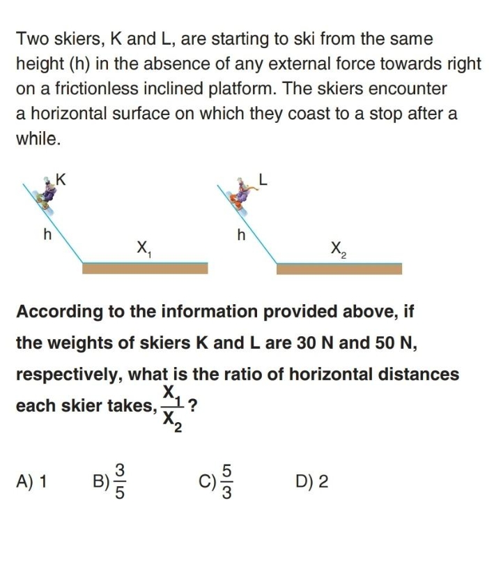 Two skiers, K and L, are starting to ski from the same
height (h) in the absence of any external force towards right
on a frictionless inclined platform. The skiers encounter
a horizontal surface on which they coast to a stop after a
while.
h
K
X₁
A) 1
h
According to the information provided above, if
the weights of skiers K and L are 30 N and 50 N,
respectively, what is the ratio of horizontal distances
"X1?
each skier takes,
X₂
53
X₂
C)/33
D) 2