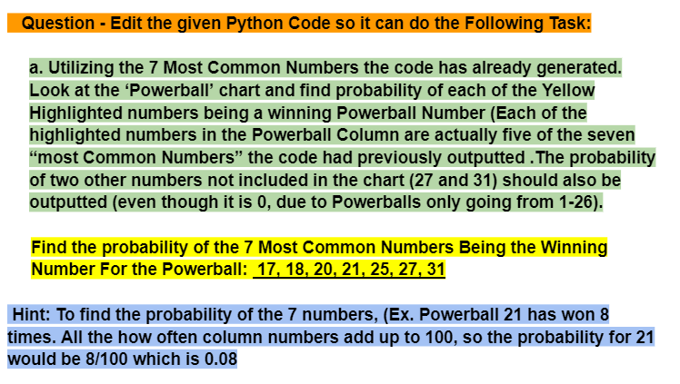 Question - Edit the given Python Code so it can do the Following Task:
a. Utilizing the 7 Most Common Numbers the code has already generated.
Look at the 'Powerball' chart and find probability of each of the Yellow
Highlighted numbers being a winning Powerball Number (Each of the
highlighted numbers in the Powerball Column are actually five of the seven
"most Common Numbers" the code had previously outputted. The probability
of two other numbers not included in the chart (27 and 31) should also be
outputted (even though it is 0, due to Powerballs only going from 1-26).
Find the probability of the 7 Most Common Numbers Being the Winning
Number For the Powerball: 17, 18, 20, 21, 25, 27, 31
Hint: To find the probability of the 7 numbers, (Ex. Powerball 21 has won 8
times. All the how often column numbers add up to 100, so the probability for 21
would be 8/100 which is 0.08