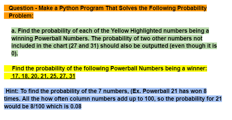 Question - Make a Python Program That Solves the Following Probability
Problem:
a. Find the probability of each of the Yellow Highlighted numbers being a
winning Powerball Numbers. The probability of two other numbers not
included in the chart (27 and 31) should also be outputted (even though it is
0).
Find the probability of the following Powerball Numbers being a winner:
17, 18, 20, 21, 25, 27, 31
Hint: To find the probability of the 7 numbers, (Ex. Powerball 21 has won 8
times. All the how often column numbers add up to 100, so the probability for 21
would be 8/100 which is 0.08