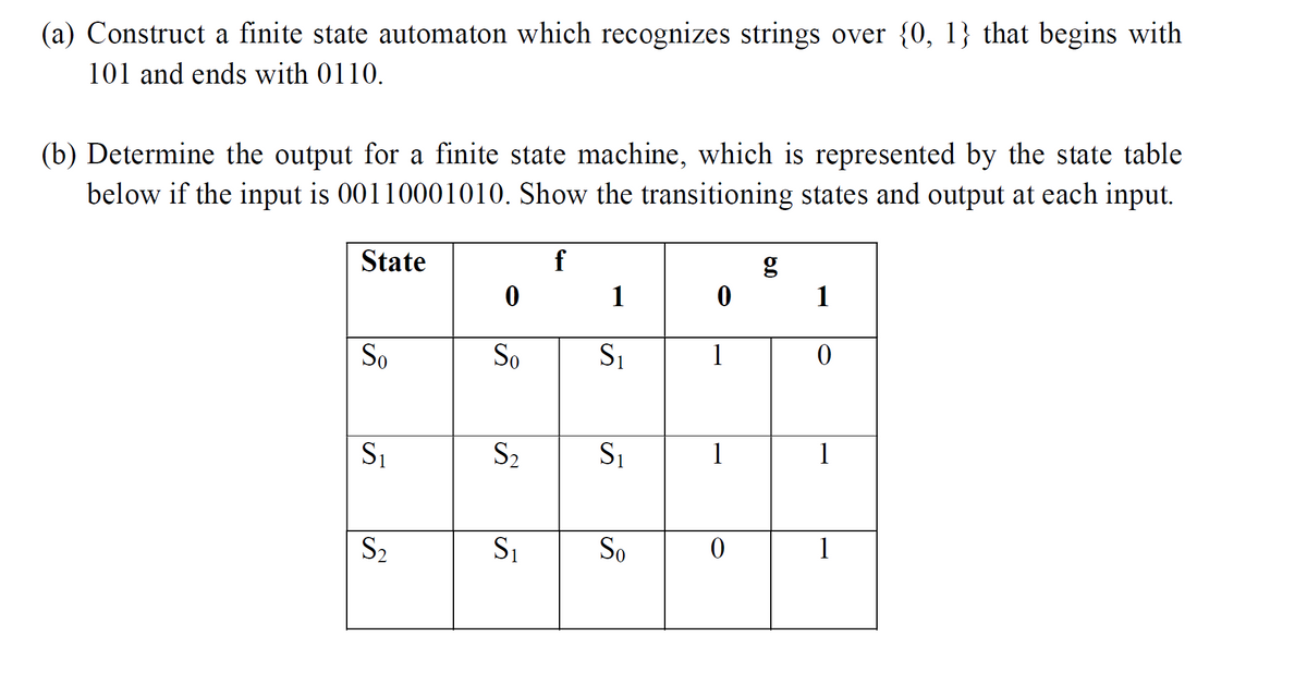 (a) Construct a finite state automaton which recognizes strings over {0, 1} that begins with
101 and ends with 0110.
(b) Determine the output for a finite state machine, which is represented by the state table
below if the input is 00110001010. Show the transitioning states and output at each input.
State
So
S₁
S₂
0
So
f
S₁
1
S₁
S₂ S₁
So
0
1
1
0
g
1
0
1
1