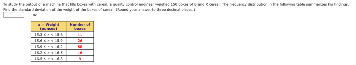 To study the output of a machine that fills boxes with cereal, a quality control engineer weighed 150 boxes of Brand X cereal. The frequency distribution in the following table summarizes his findings.
Find the standard deviation of the weight of the boxes of cereal. (Round your answer to three decimal places.)
OZ
x = Weight
(ounces)
15.3 < x <
15.6
15.6 < x <
15.9
15.9 ≤ x <
16.2
16.2 < x < 16.5
16.5 ≤ x < 16.8
Number of
boxes
11
26
88
16
9