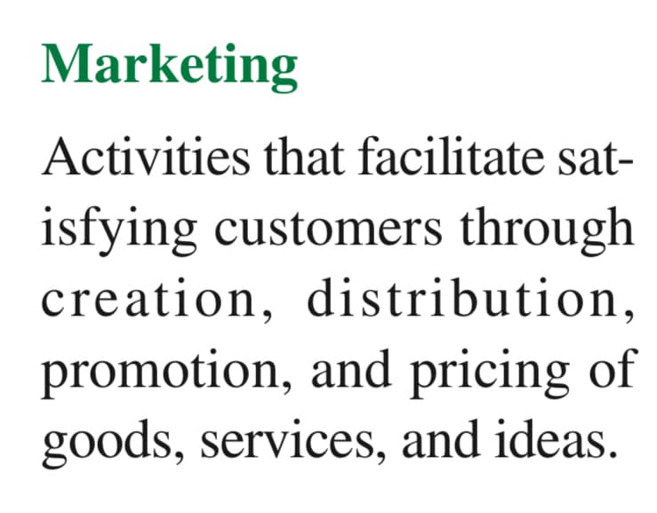 Marketing
Activities that facilitate sat-
isfying customers through
creation, distribution,
promotion, and pricing of
goods, services, and ideas.