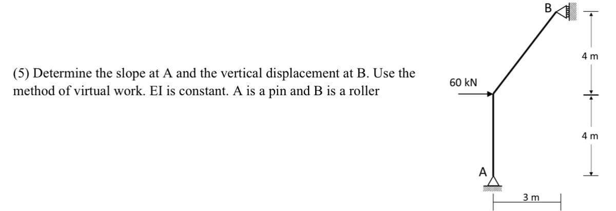 (5) Determine the slope at A and the vertical displacement at B. Use the
method of virtual work. EI is constant. A is a pin and B is a roller
60 kN
A
3 m
B
4 m
4 m