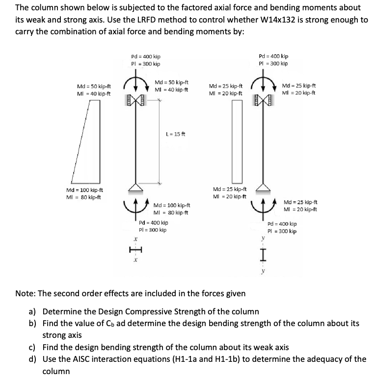 The column shown below is subjected to the factored axial force and bending moments about
its weak and strong axis. Use the LRFD method to control whether W14x132 is strong enough to
carry the combination of axial force and bending moments by:
Md = 50 kip-ft
MI = 40 kip-ft
Md = 100 kip-ft
MI = 80 kip-ft
Pd = 400 kip
Pl = 300 kip
Pd=400 kip
Pl = 300 kip
Md = 50 kip-ft
MI = 40 kip-ft
Md=25 kip-ft
MI = 20 kip-ft
Md=25 kip-ft
MI = 20 kip-ft
L= 15 ft
Md = 100 kip-ft
MI = 80 kip-ft
Pd = 400 kip
Pl = 300 kip
x
Md=25 kip-ft
MI = 20 kip-ft
I
Md=25 kip-ft
MI = 20 kip-ft
Pd = 400 kip
Pl = 300 kip
Note: The second order effects are included in the forces given
a) Determine the Design Compressive Strength of the column
b) Find the value of Cb ad determine the design bending strength of the column about its
strong axis
c) Find the design bending strength of the column about its weak axis
d) Use the AISC interaction equations (H1-1a and H1-1b) to determine the adequacy of the
column