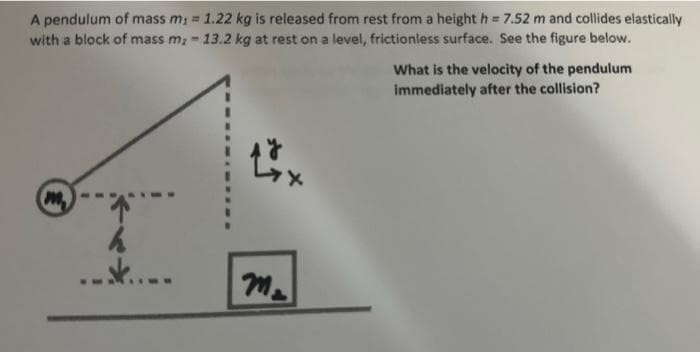 A pendulum of mass m₁ = 1.22 kg is released from rest from a height h = 7.52 m and collides elastically
with a block of mass m,- 13.2 kg at rest on a level, frictionless surface. See the figure below.
M₂₁
h
.....
Lx
M₂
What is the velocity of the pendulum
immediately after the collision?