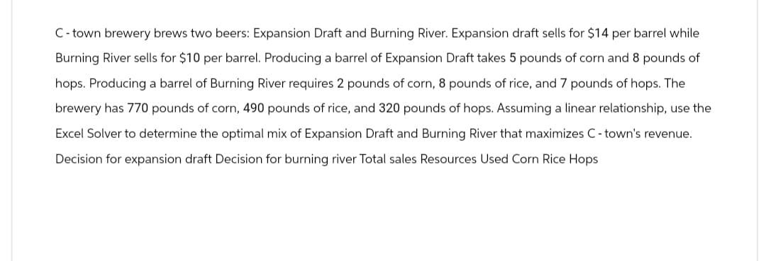 C-town brewery brews two beers: Expansion Draft and Burning River. Expansion draft sells for $14 per barrel while
Burning River sells for $10 per barrel. Producing a barrel of Expansion Draft takes 5 pounds of corn and 8 pounds of
hops. Producing a barrel of Burning River requires 2 pounds of corn, 8 pounds of rice, and 7 pounds of hops. The
brewery has 770 pounds of corn, 490 pounds of rice, and 320 pounds of hops. Assuming a linear relationship, use the
Excel Solver to determine the optimal mix of Expansion Draft and Burning River that maximizes C - town's revenue.
Decision for expansion draft Decision for burning river Total sales Resources Used Corn Rice Hops