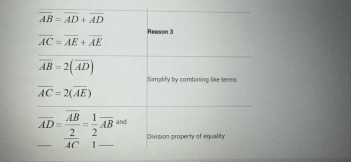 AB = AD + AD
AC = AE + AE
AB= 2(AD)
AC = 2(AE)
AD=
AB
2
AC 1-
1
2
1-
AB and
Reason 3
Simplify by combining like terms
Division property of equality