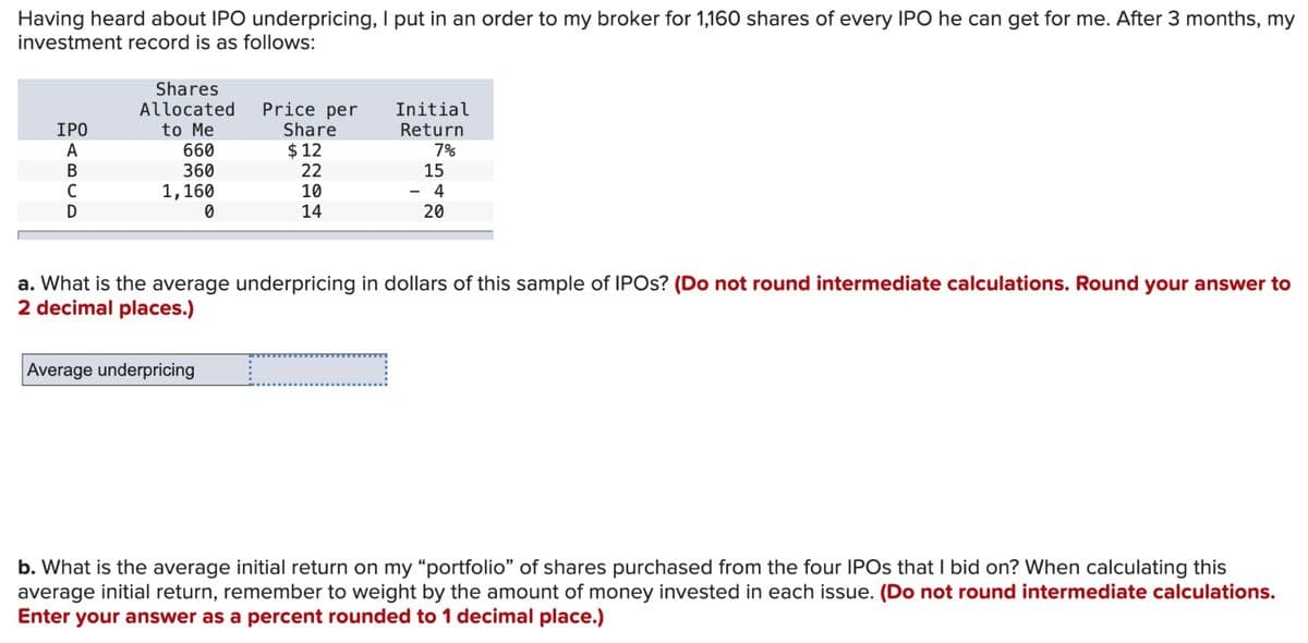 Having heard about IPO underpricing, I put in an order to my broker for 1,160 shares of every IPO he can get for me. After 3 months, my
investment record is as follows:
Shares
Allocated
IPO
to Me
Price per
Share
Initial
Return
A
660
$12
7%
B
с
360
1,160
22
15
10
D
0
14
- 4
20
a. What is the average underpricing in dollars of this sample of IPOS? (Do not round intermediate calculations. Round your answer to
2 decimal places.)
Average underpricing
b. What is the average initial return on my "portfolio" of shares purchased from the four IPOs that I bid on? When calculating this
average initial return, remember to weight by the amount of money invested in each issue. (Do not round intermediate calculations.
Enter your answer as a percent rounded to 1 decimal place.)