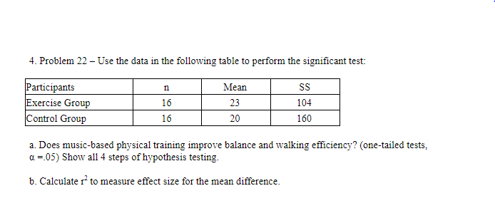4. Problem 22 – Use the data in the following table to perform the significant test:
Participants
Exercise Group
Control Group
Mean
16
23
104
16
20
160
a. Does music-based physical training improve balance and walking efficiency? (one-tailed tests,
a =.05) Show all 4 steps of hypothesis testing.
b. Calculate r to measure effect size for the mean difference.
