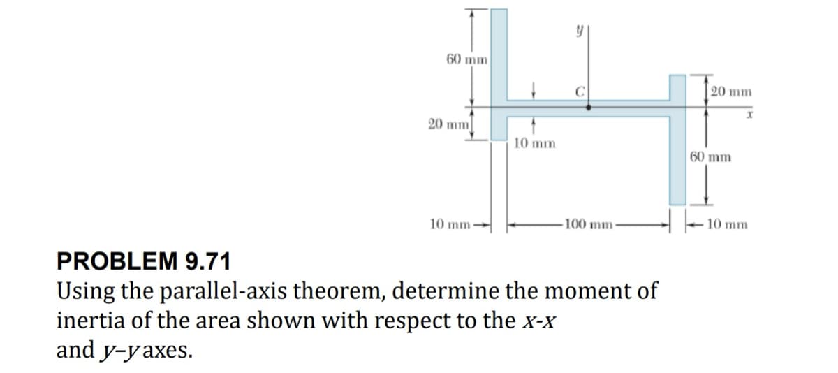 60 mm
20 mm
10 mm
20 mm
60 mm
10 mm
100 mm-
10 mm-
PROBLEM 9.71
Using the parallel-axis theorem, determine the moment of
inertia of the area shown with respect to the x-x
and y-yaxes.